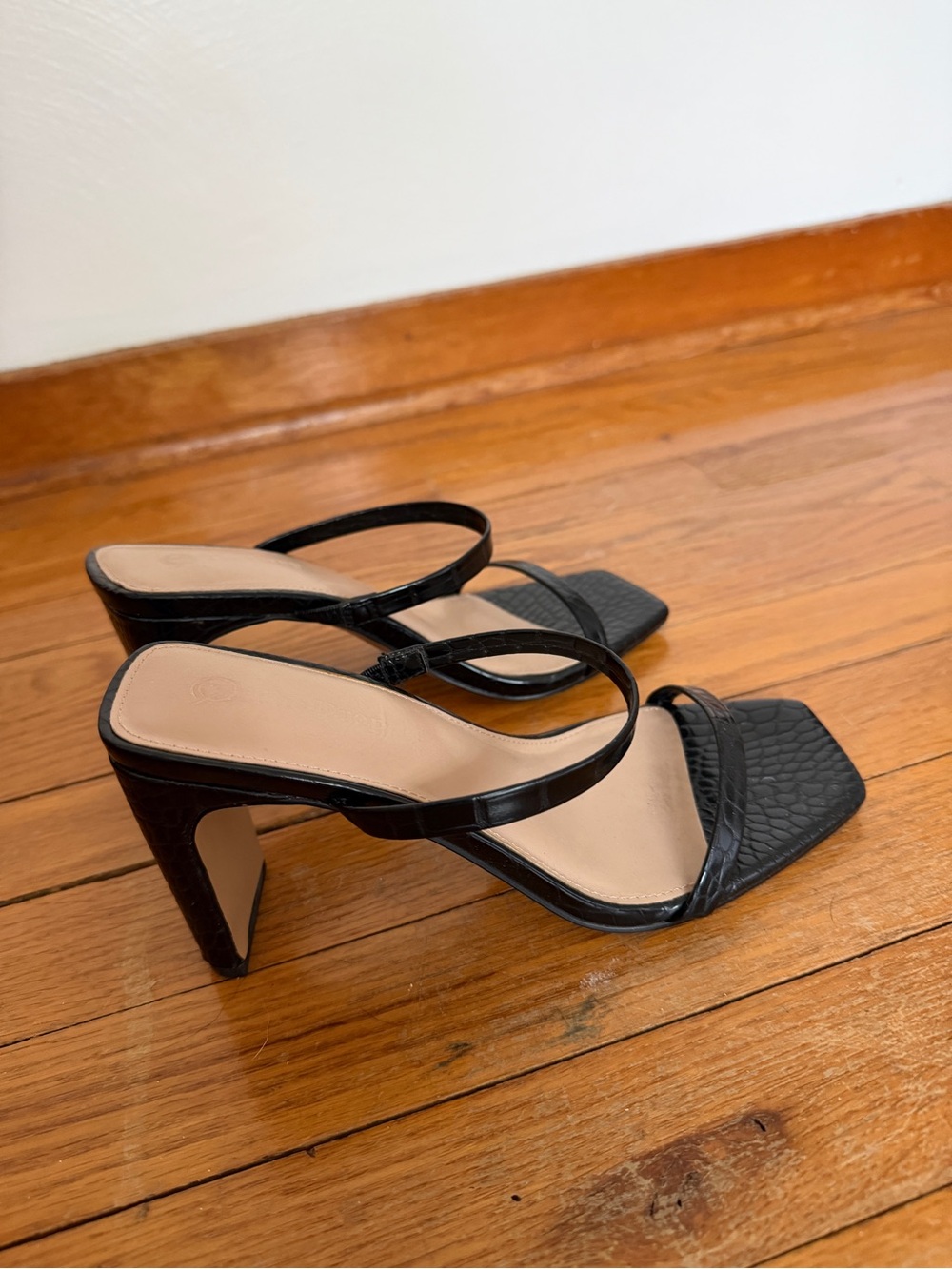“The Drop” Black Strappy Square-Toe Heeled Sandals
